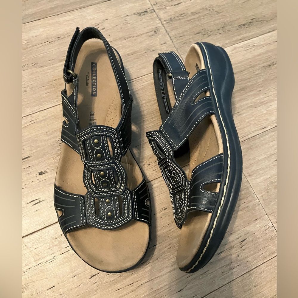 Clarks black studded back strap leather sandals. Size 7